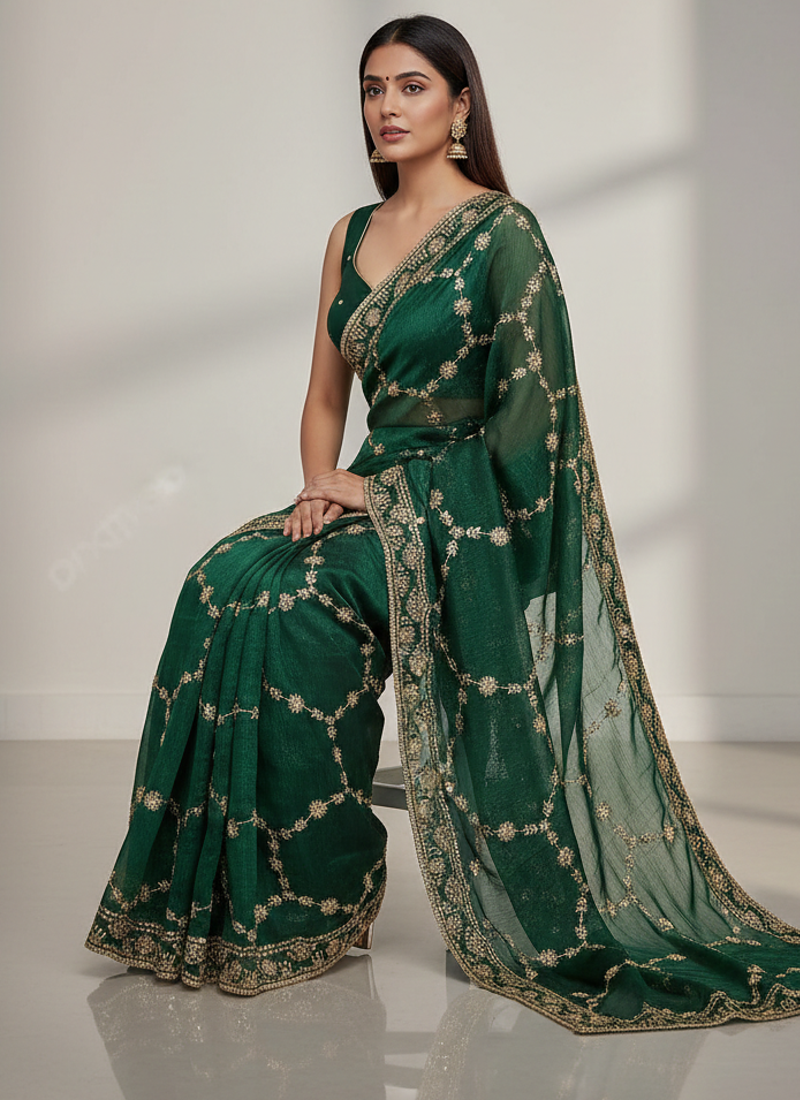 Green Color Sequins With Zari Thread Embroidery work Chiffon Saree