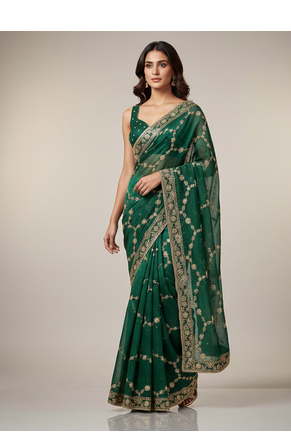 Green Color Sequins With Zari Thread Embroidery work Chiffon Saree 4