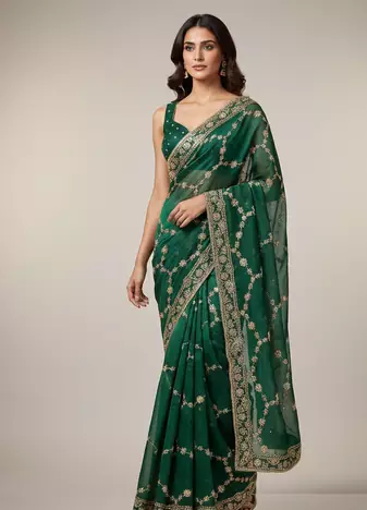 Green Color Sequins With Zari Thread Embroidery work Chiffon Saree