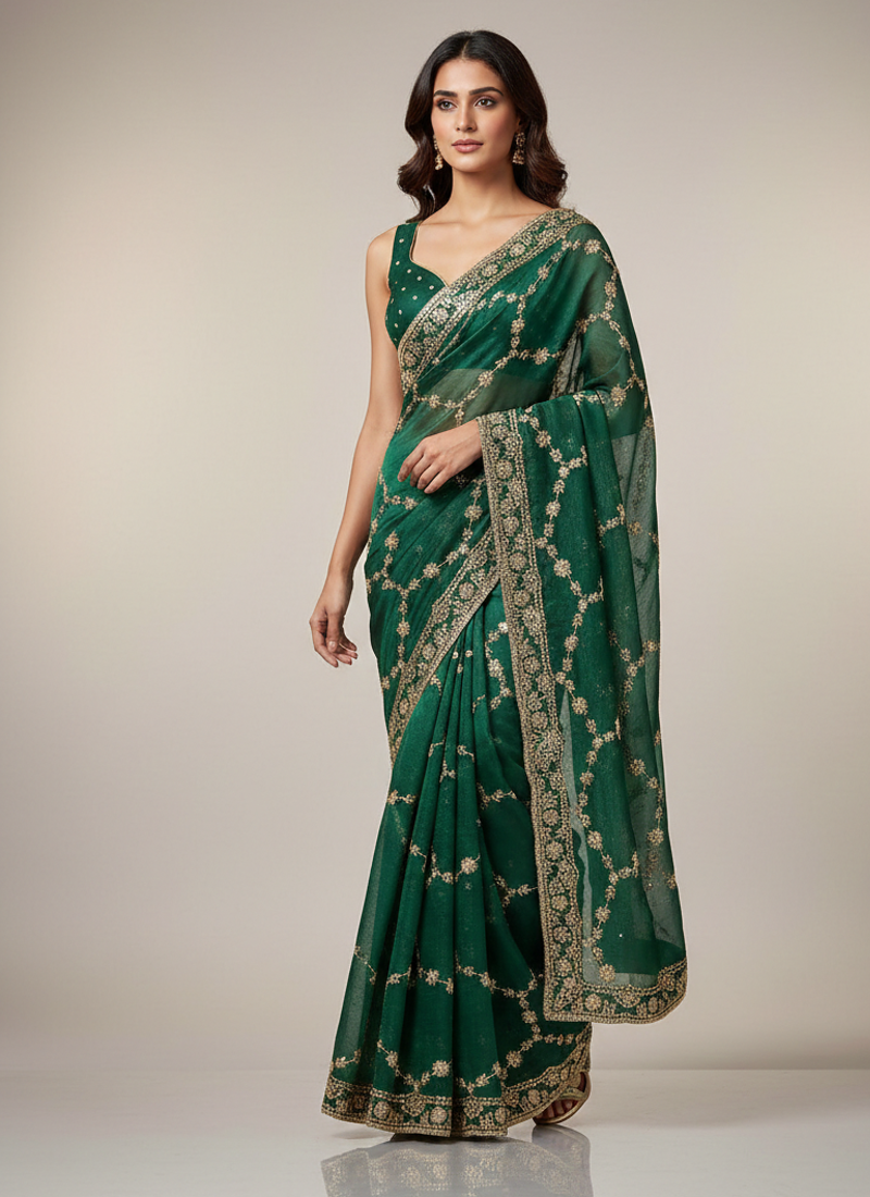 Green Color Sequins With Zari Thread Embroidery work Chiffon Saree