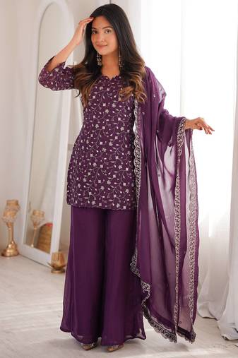 Wine color crunchy silk party wear palazo set