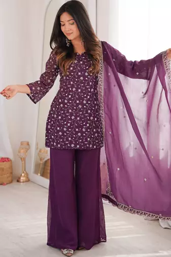 Wine color crunchy silk party wear palazzo set