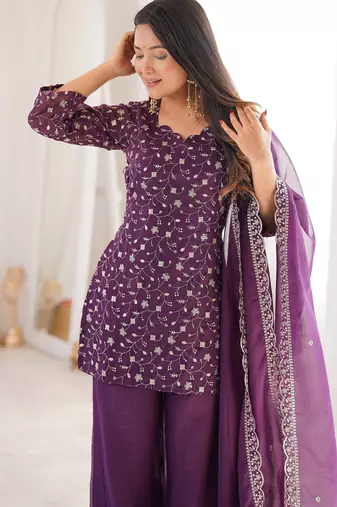 Wine color crunchy silk party wear palazzo set