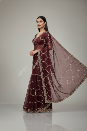 Maroon  Color Sequins With Zari Thread Embroidery work Chiffon Saree