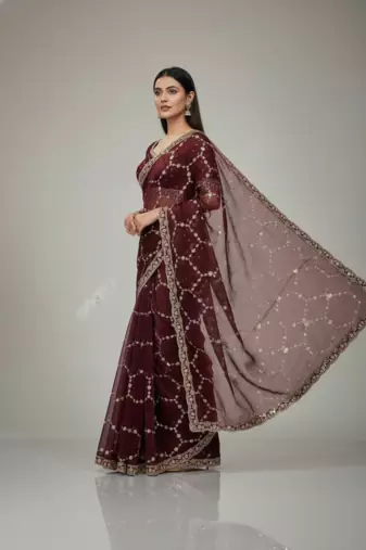 Maroon  Color Sequins With Zari Thread Embroidery work Chiffon Saree