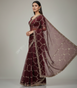 Maroon  Color Sequins With Zari Thread Embroidery work Chiffon Saree