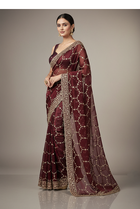 Maroon  Color Sequins With Zari Thread Embroidery work Chiffon Saree 2