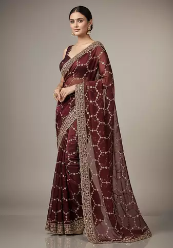 Maroon  Color Sequins With Zari Thread Embroidery work Chiffon Saree