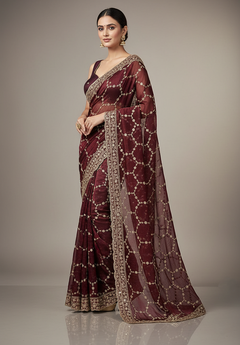 Maroon  Color Sequins With Zari Thread Embroidery work Chiffon Saree