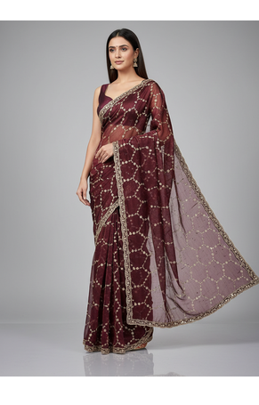 Maroon  Color Sequins With Zari Thread Embroidery work Chiffon Saree 3