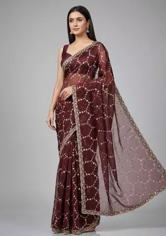 Maroon  Color Sequins With Zari Thread Embroidery work Chiffon Saree