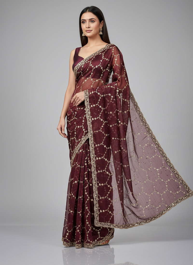Maroon  Color Sequins With Zari Thread Embroidery work Chiffon Saree