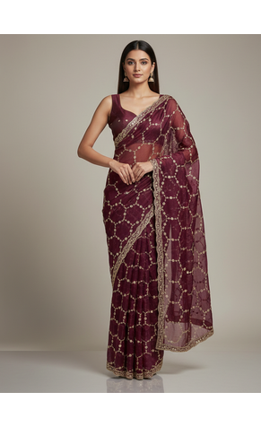 Maroon  Color Sequins With Zari Thread Embroidery work Chiffon Saree 4