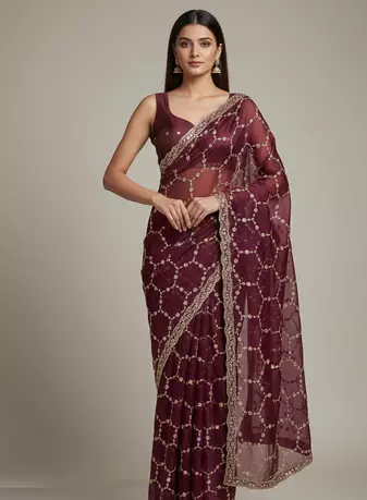 Maroon  Color Sequins With Zari Thread Embroidery work Chiffon Saree