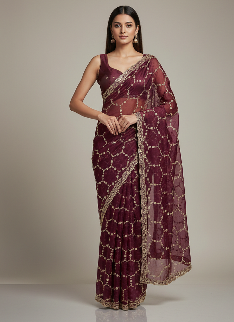 Maroon  Color Sequins With Zari Thread Embroidery work Chiffon Saree