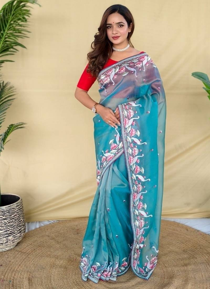 Sky blue royal gabanna silk saree woven in a shiny dual-tone finish