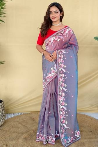 Grey royal gabanna silk saree woven in a shiny dual-tone finish