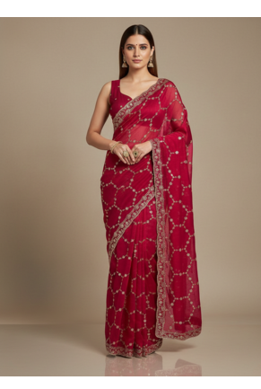 Red Color Sequins With Zari Thread Embroidery work Chiffon Saree 1