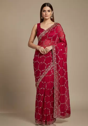 Red Color Sequins With Zari Thread Embroidery work Chiffon Saree