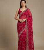 Red Color Sequins With Zari Thread Embroidery work Chiffon Saree