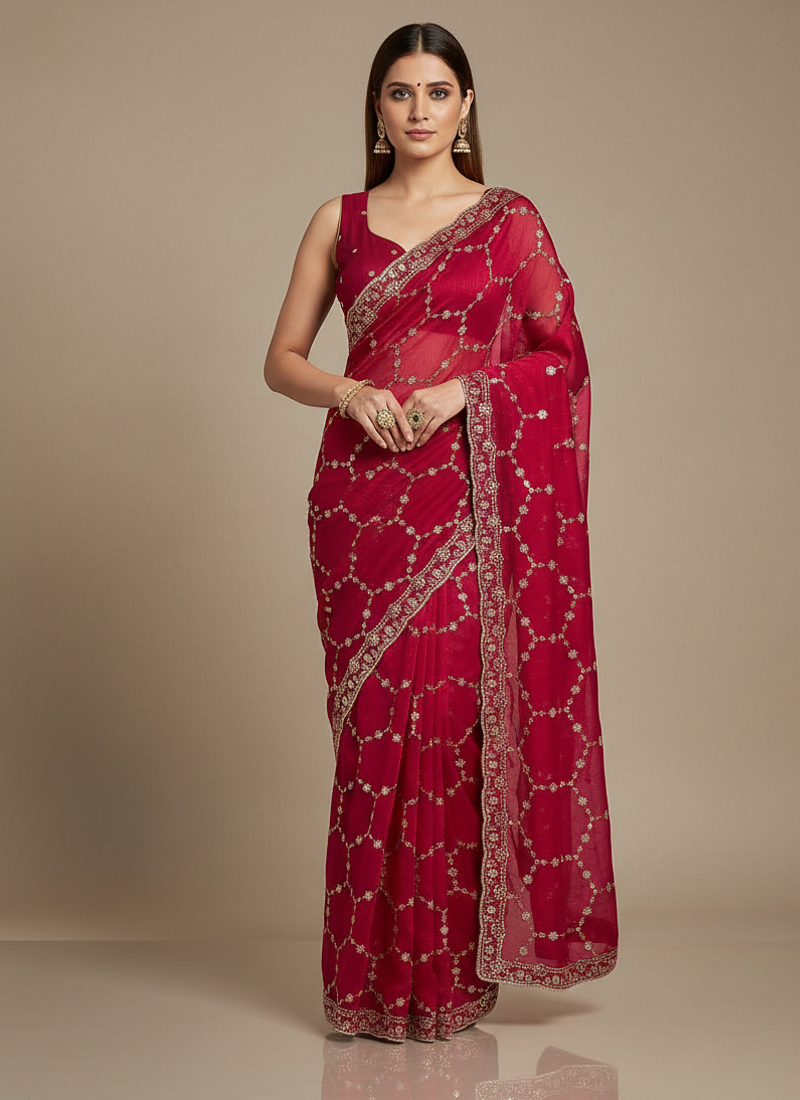 Red Color Sequins With Zari Thread Embroidery work Chiffon Saree
