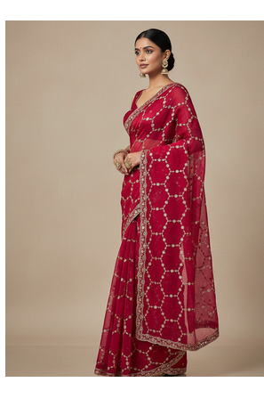 Red Color Sequins With Zari Thread Embroidery work Chiffon Saree 2