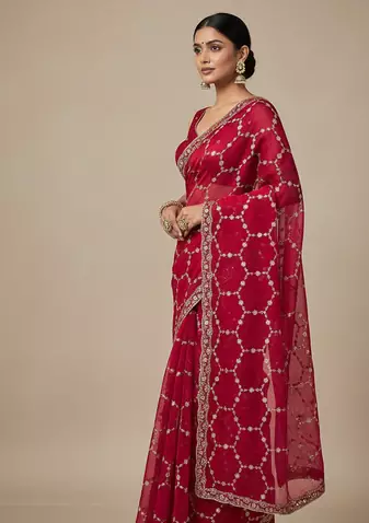 Red Color Sequins With Zari Thread Embroidery work Chiffon Saree