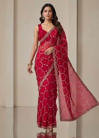 Red Color Sequins With Zari Thread Embroidery work Chiffon Saree