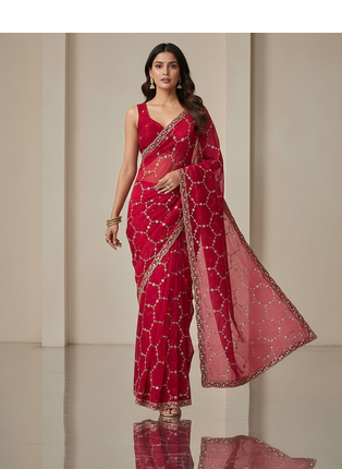 Red Color Sequins With Zari Thread Embroidery work Chiffon Saree 4