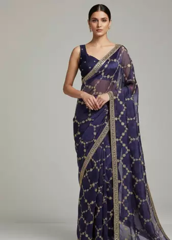 Purple Color Sequins With Zari Thread Embroidery work Chiffon Saree