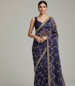 Purple Color Sequins With Zari Thread Embroidery work Chiffon Saree