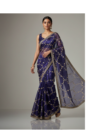Purple Color Sequins With Zari Thread Embroidery work Chiffon Saree 2