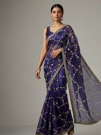 Purple Color Sequins With Zari Thread Embroidery work Chiffon Saree
