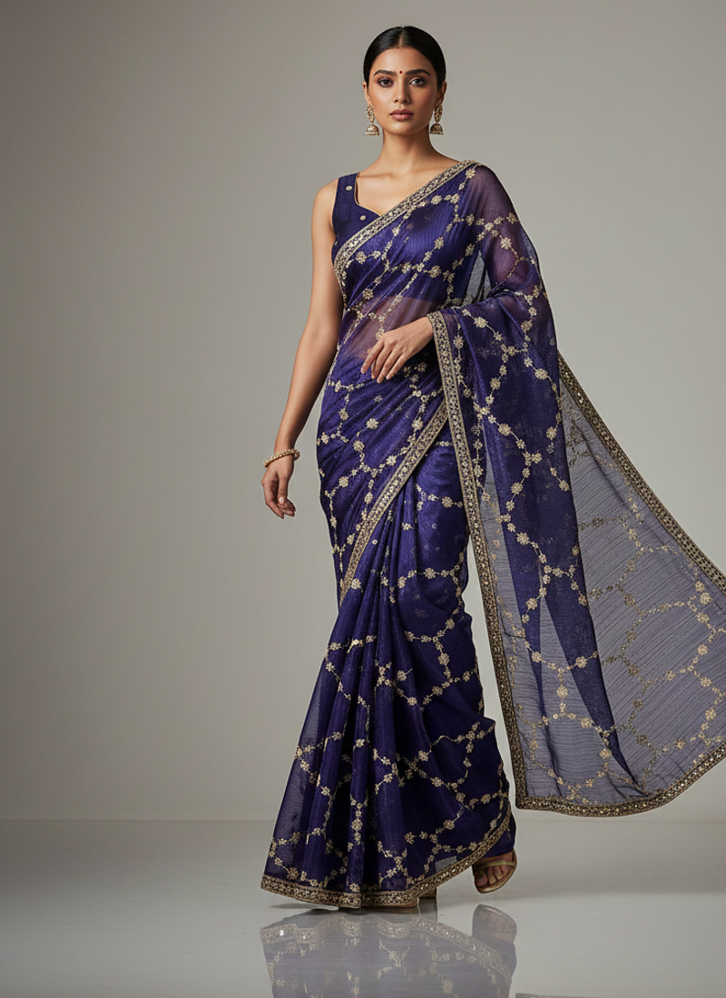 Purple Color Sequins With Zari Thread Embroidery work Chiffon Saree