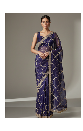 Purple Color Sequins With Zari Thread Embroidery work Chiffon Saree 3
