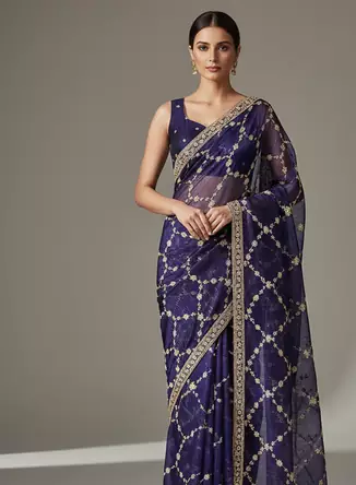 Purple Color Sequins With Zari Thread Embroidery work Chiffon Saree