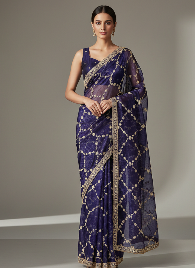 Purple Color Sequins With Zari Thread Embroidery work Chiffon Saree