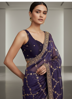 Purple Color Sequins With Zari Thread Embroidery work Chiffon Saree 4