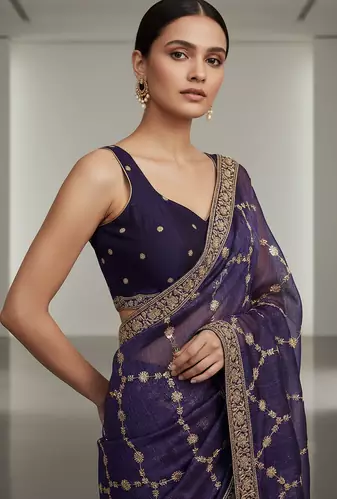 Purple Color Sequins With Zari Thread Embroidery work Chiffon Saree
