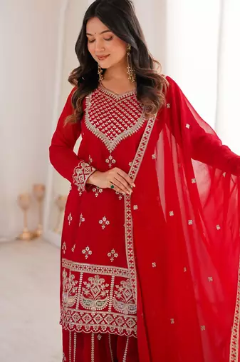 Red color faux georgette heavy embroidery work functional wear palazzo set