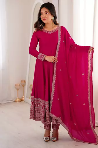 rani color vichitra silk embroidery work party wear long gown