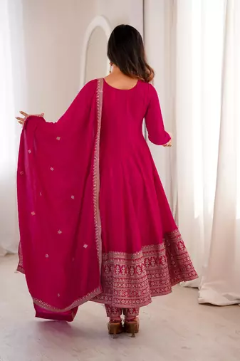 rani color vichitra silk embroidery work party wear long gown