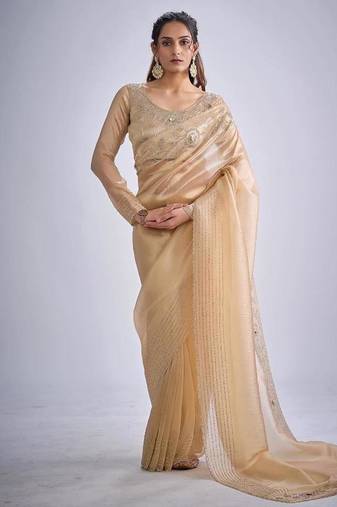 Chiku color kanjivaram pure silk zircon cutdana & sequence handwork saree