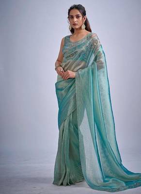 Sky color kanjivaram pure silk blend zircon cutdana & sequence handwork saree 1