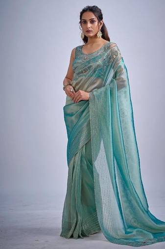 Sky color kanjivaram pure silk zircon cutdana & sequence handwork saree
