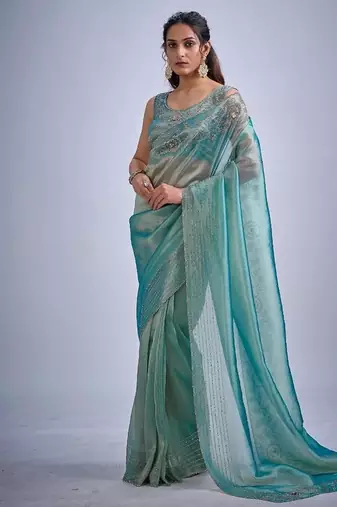 Sky color kanjivaram pure silk zircon cutdana & sequence handwork saree