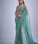 Sky color kanjivaram pure silk zircon cutdana & sequence handwork saree