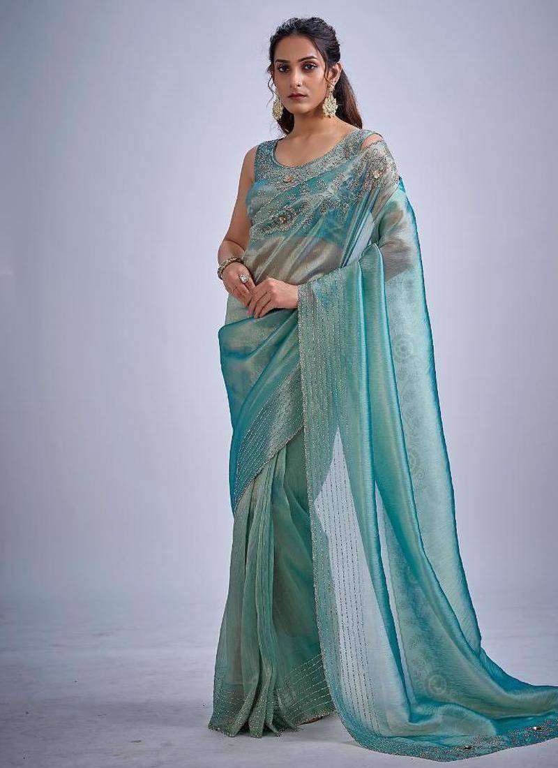 Sky color kanjivaram pure silk zircon cutdana & sequence handwork saree