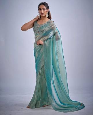 Sky color kanjivaram pure silk blend zircon cutdana & sequence handwork saree 2