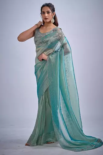 Sky color kanjivaram pure silk blend zircon cutdana & sequence handwork saree